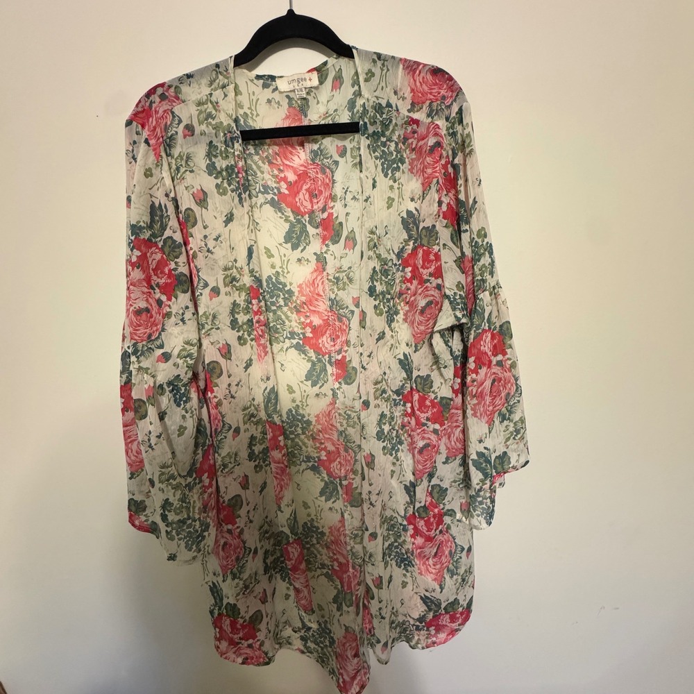 Umgee Floral Print Kimono Open‎ Front Sheer Duster Cardigan XL/1X Roses